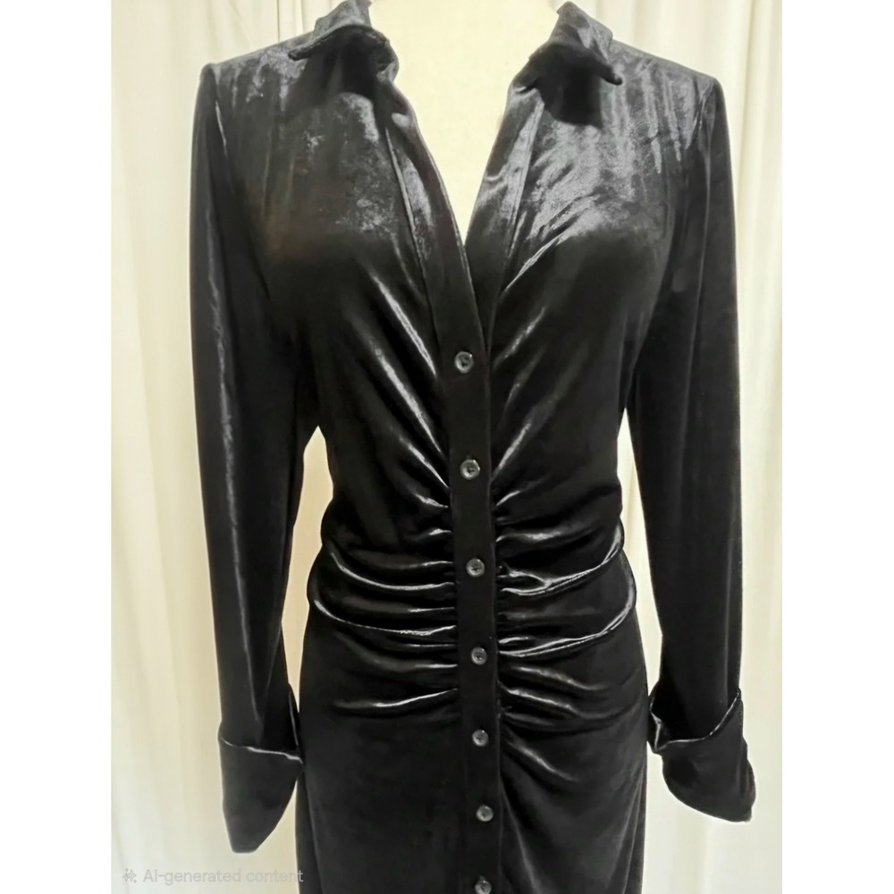 Free People Shayla M mini dress black button up velvet ruched long sleeve Y2K - Picture 12 of 13